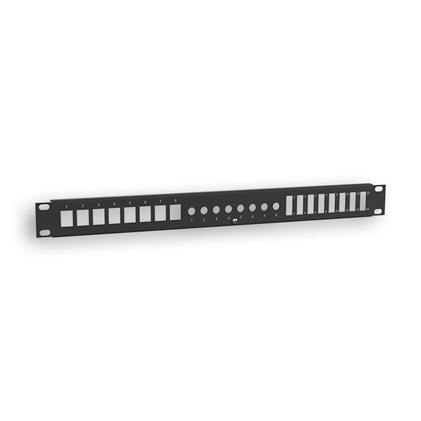 PANEL RAQUITED 19'' P/8RJ45 + 8F/F + 8FO NEGRO 1U